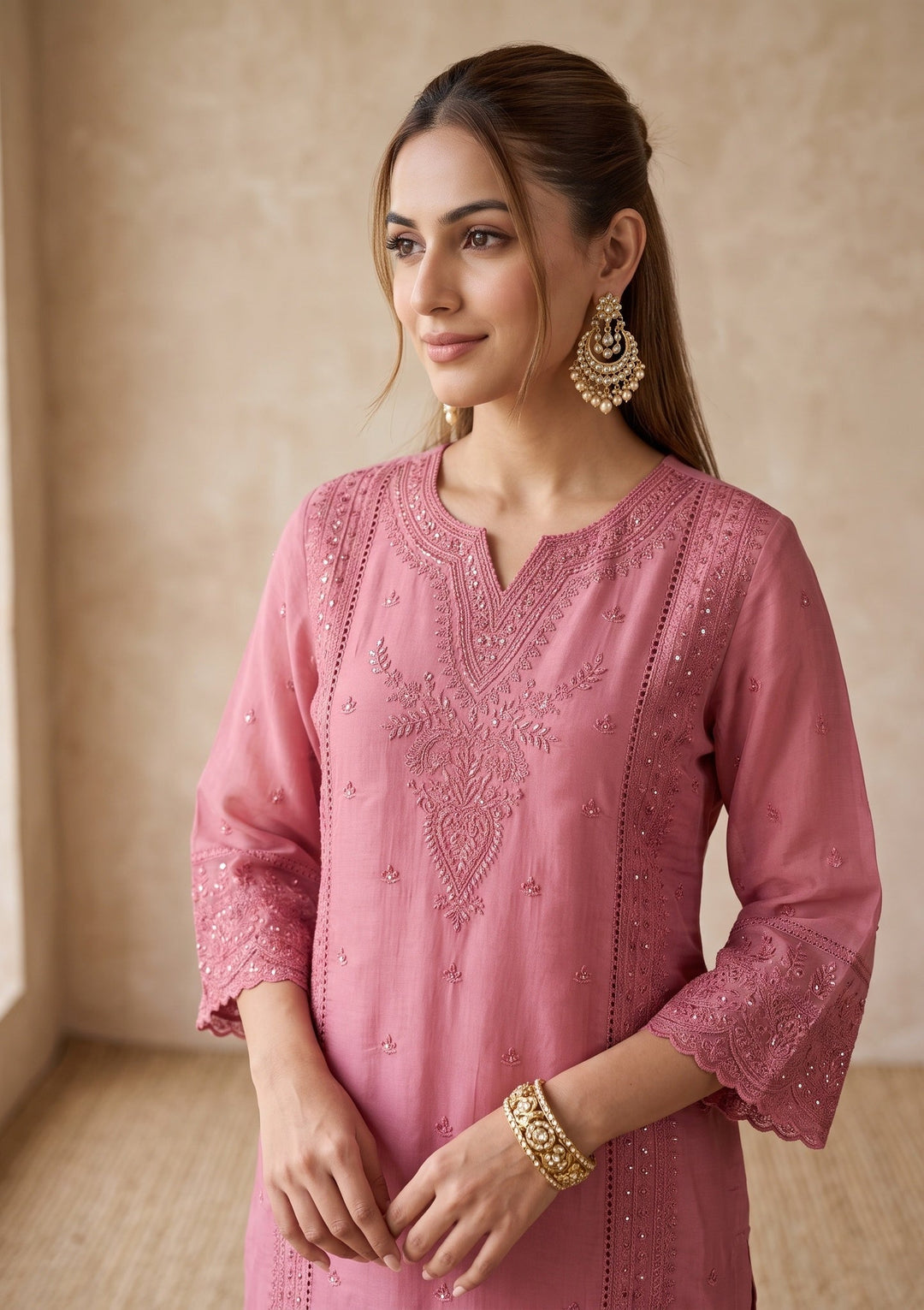 Gajari Pink Threadwork Chanderi Readymade Salwar Suit
