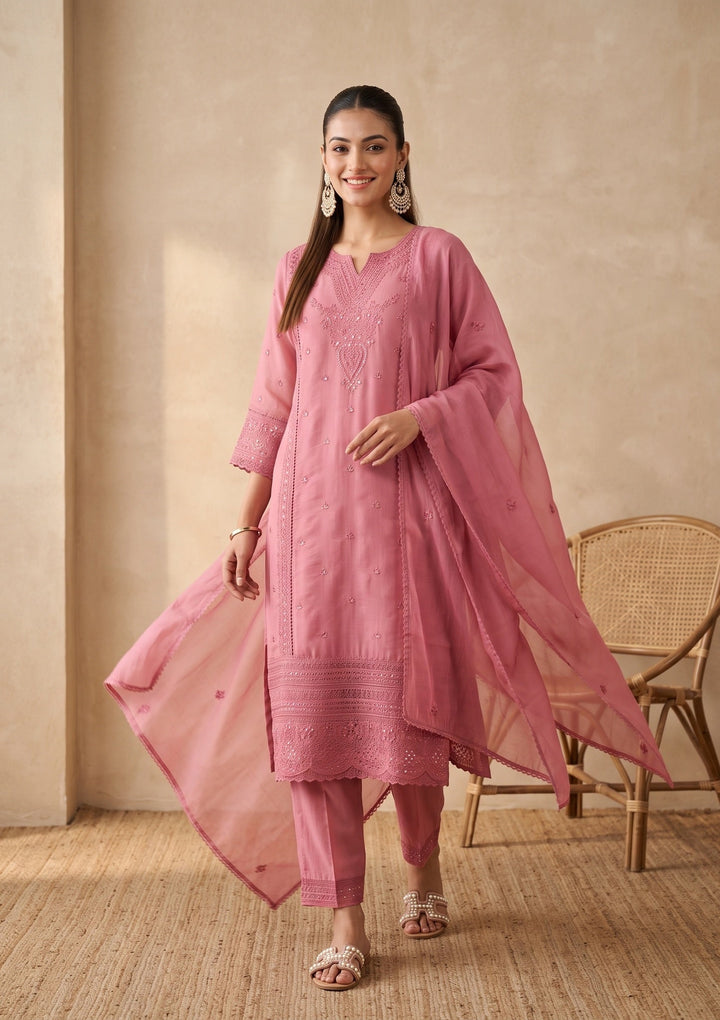 Gajari Pink Threadwork Chanderi Readymade Salwar Suit
