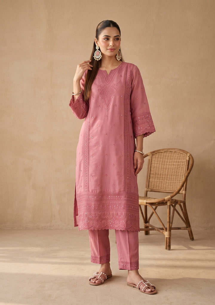 Gajari Pink Threadwork Chanderi Readymade Salwar Suit