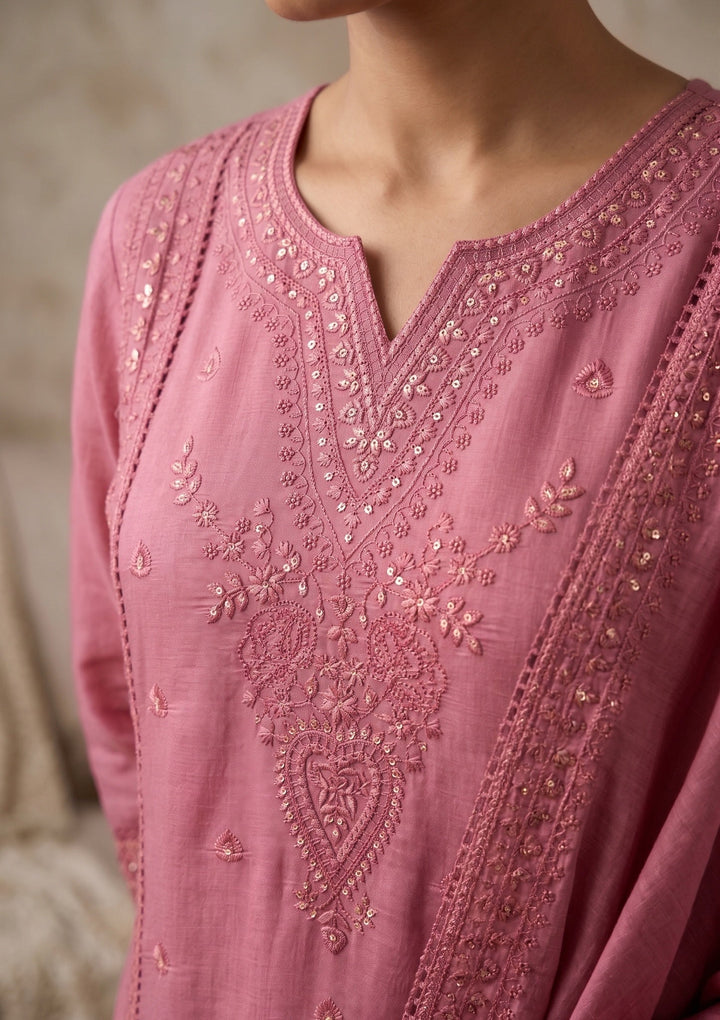 Gajari Pink Threadwork Chanderi Readymade Salwar Suit
