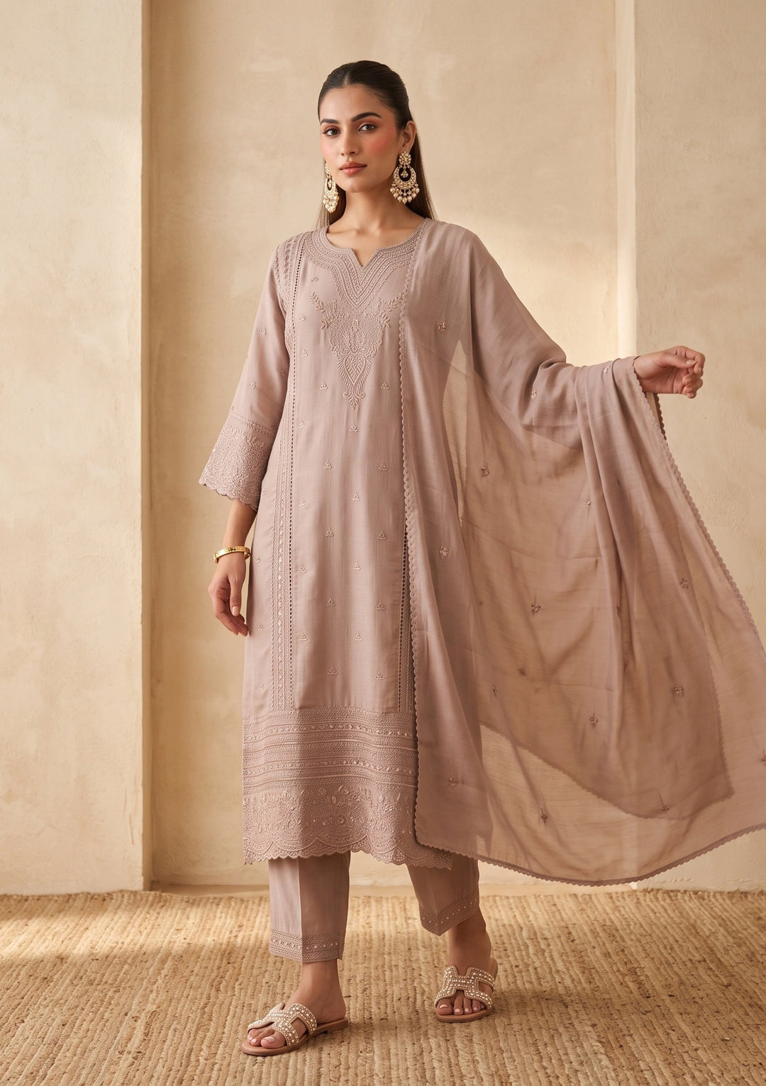 Light Brown Threadwork Chanderi Readymade Salwar Suit