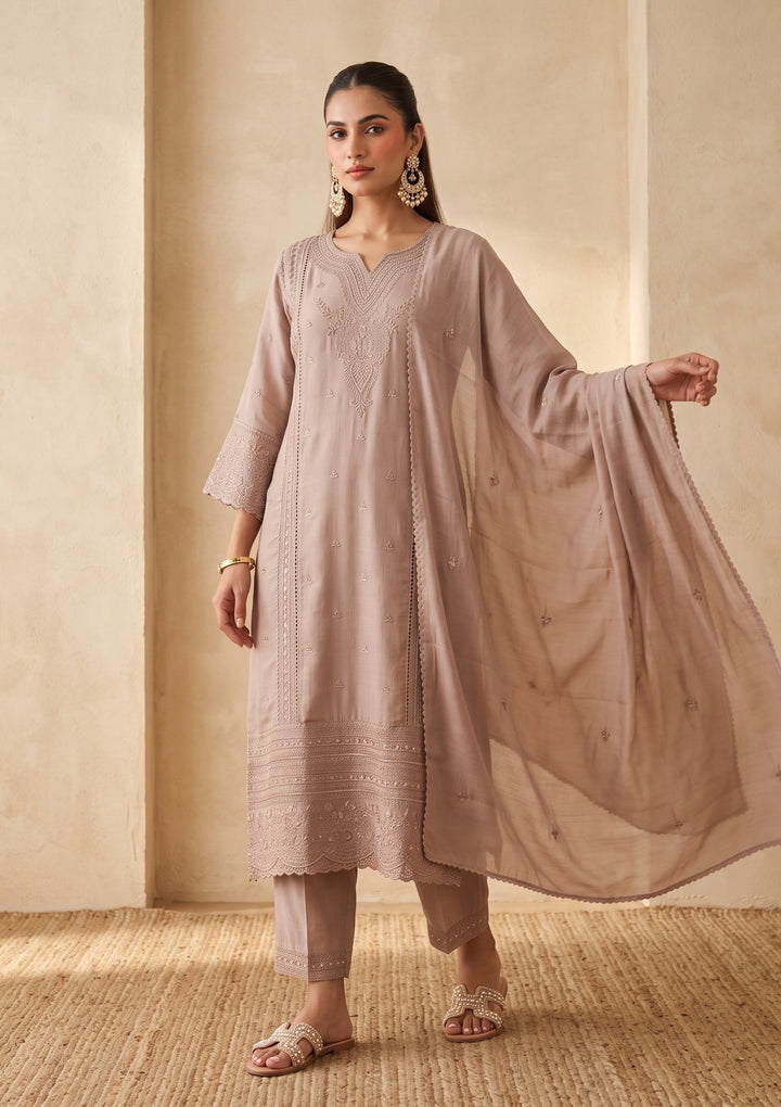 Light Brown Threadwork Chanderi Readymade Salwar Suit