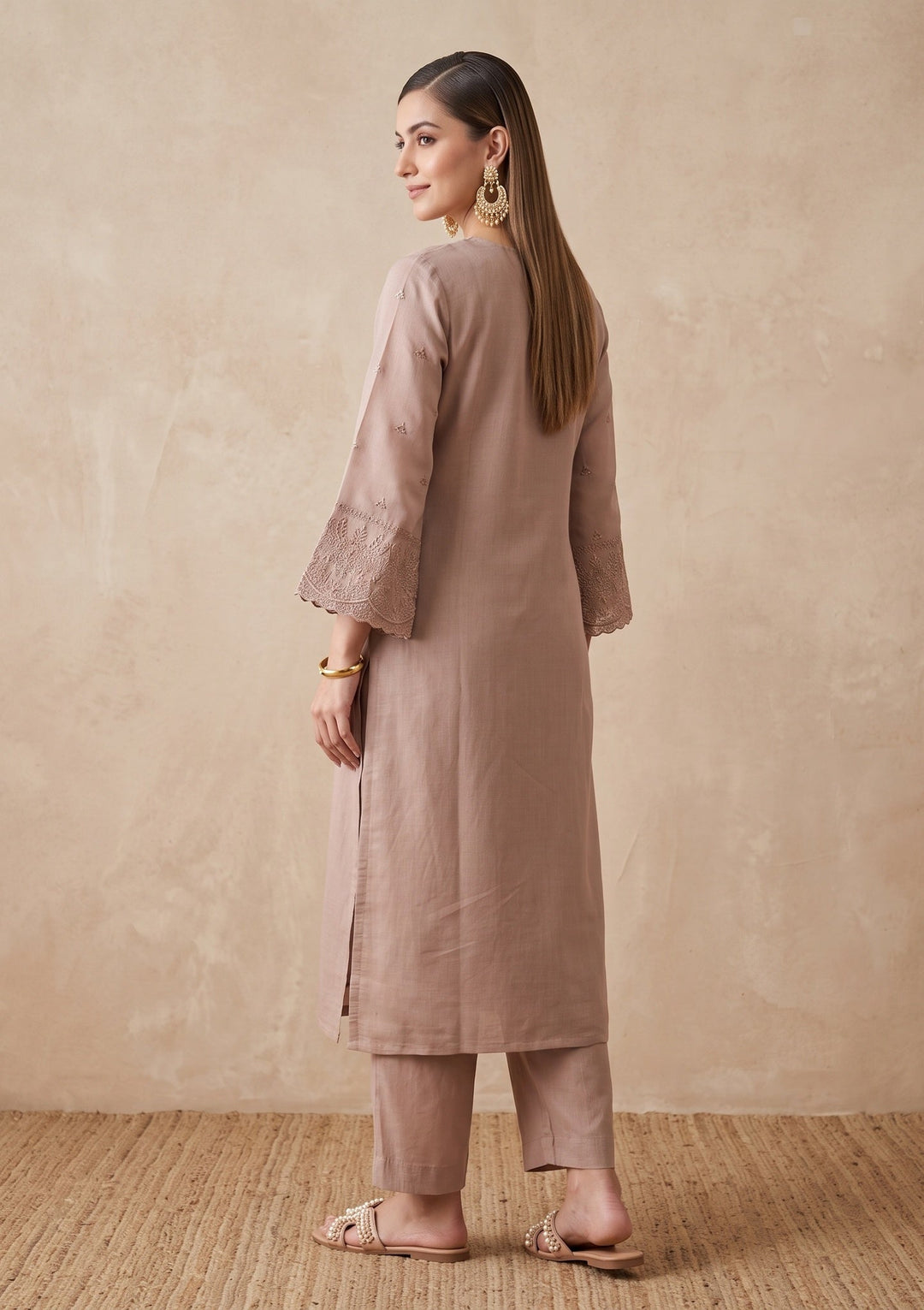 Light Brown Threadwork Chanderi Readymade Salwar Suit