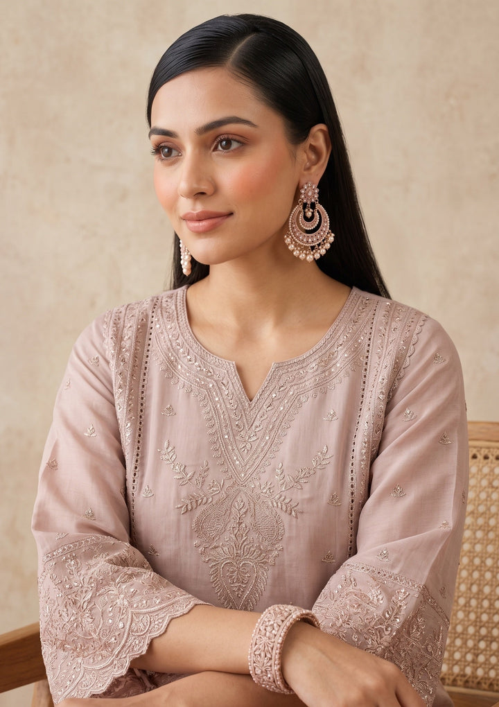 Light Brown Threadwork Chanderi Readymade Salwar Suit