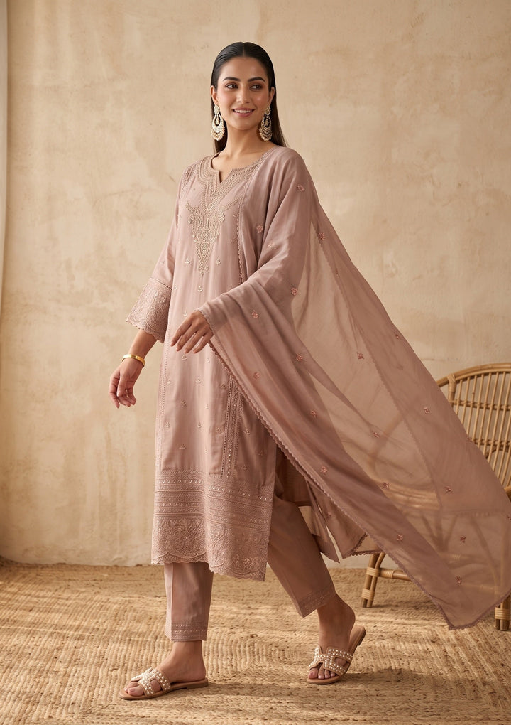 Light Brown Threadwork Chanderi Readymade Salwar Suit