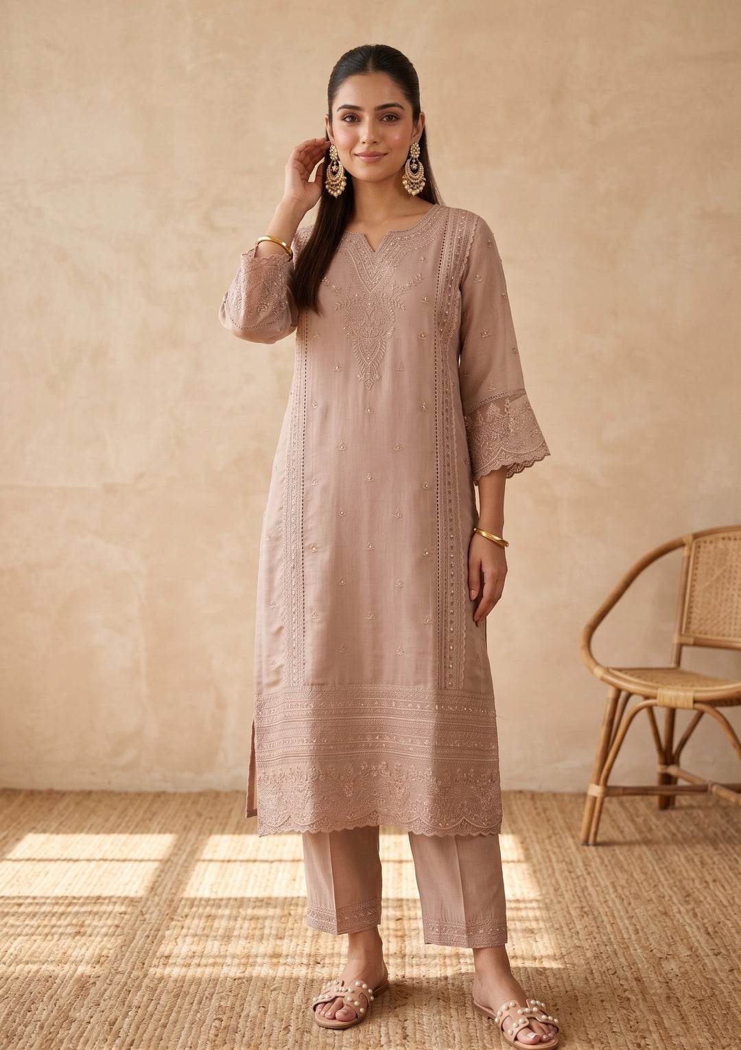 Light Brown Threadwork Chanderi Readymade Salwar Suit