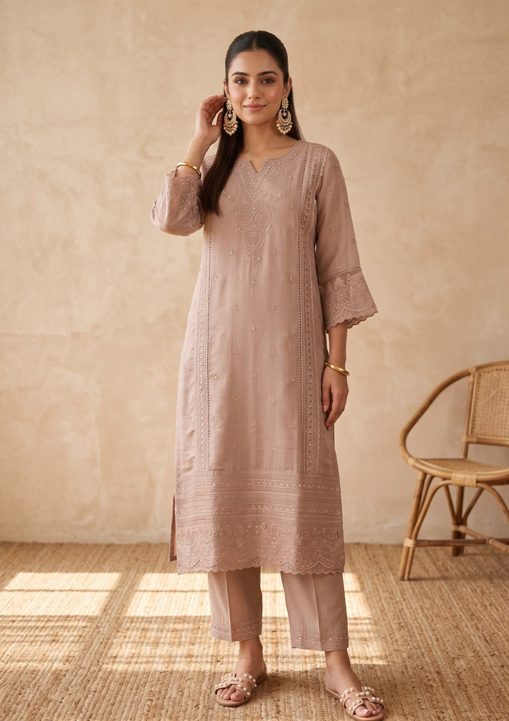 Light Brown Threadwork Chanderi Readymade Salwar Suit