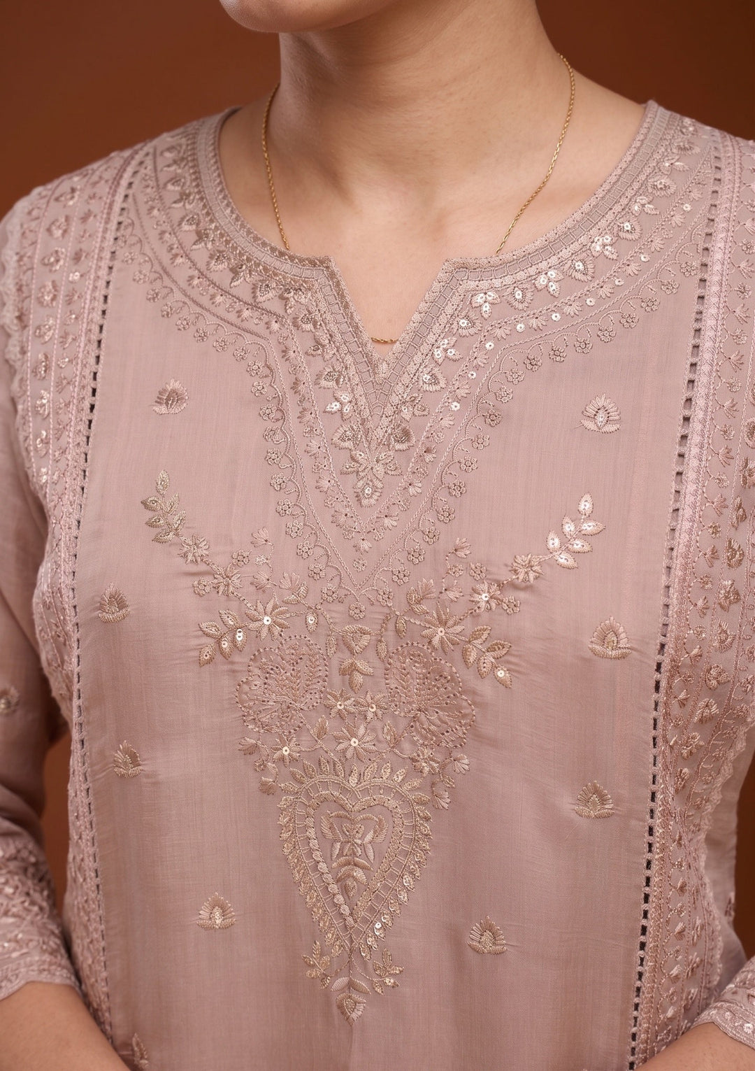 Light Brown Threadwork Chanderi Readymade Salwar Suit