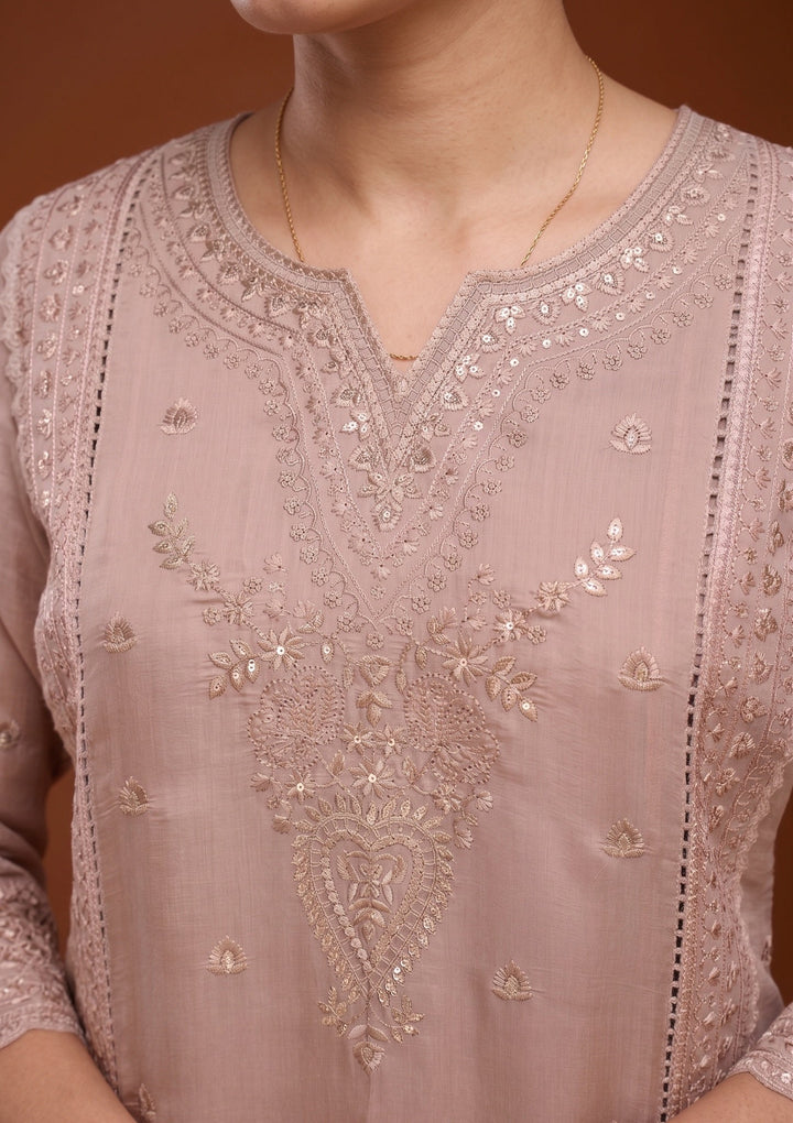 Light Brown Threadwork Chanderi Readymade Salwar Suit