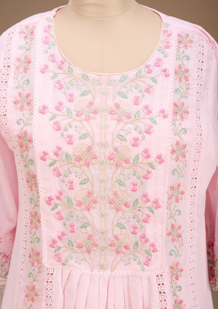 Baby Pink Threadwork Cotton Readymade Salwar Suit