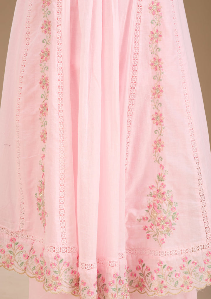 Baby Pink Threadwork Cotton Readymade Salwar Suit