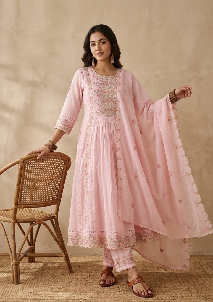 Baby Pink Threadwork Cotton Readymade Salwar Suit