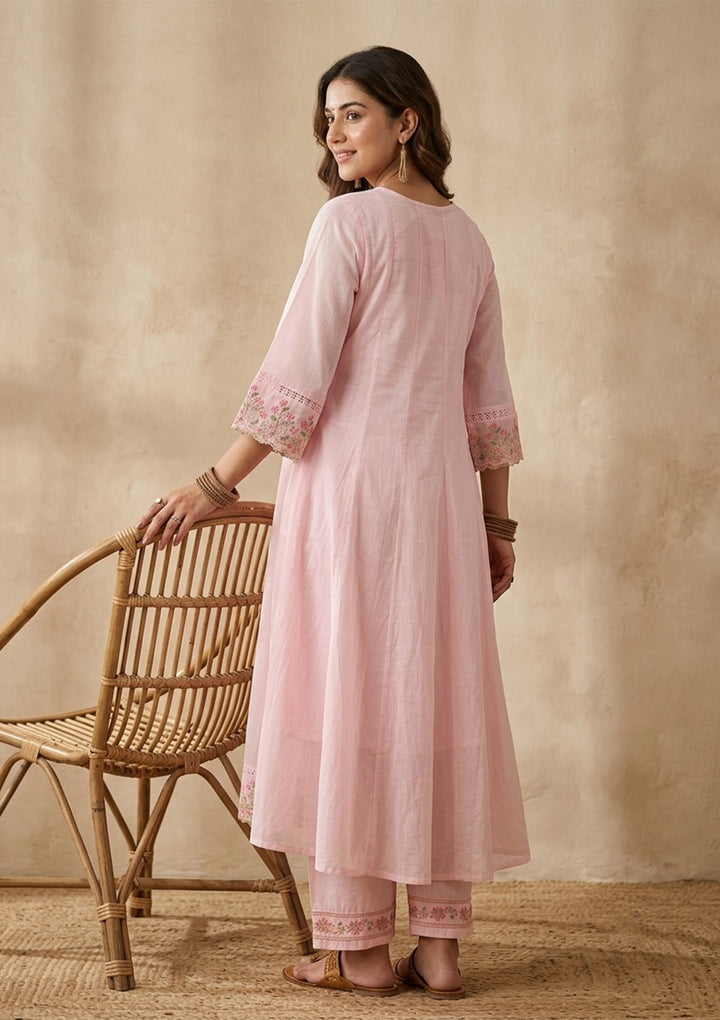 Baby Pink Threadwork Cotton Readymade Salwar Suit