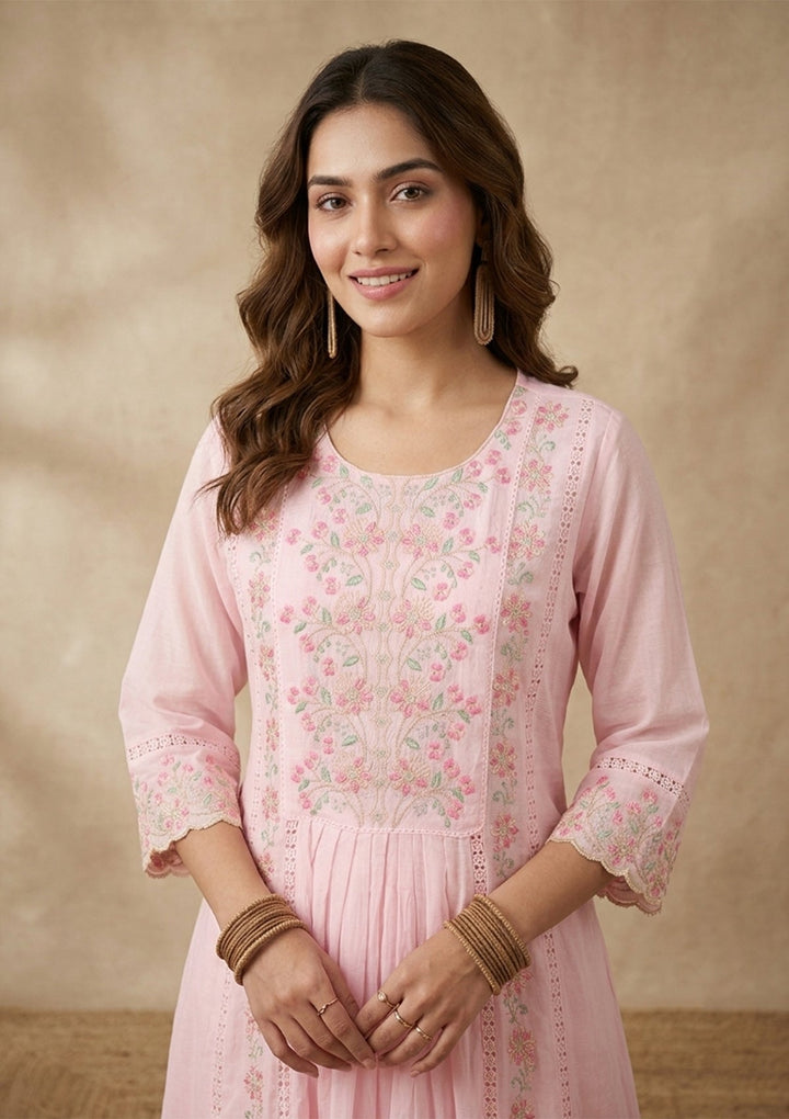 Baby Pink Threadwork Cotton Readymade Salwar Suit