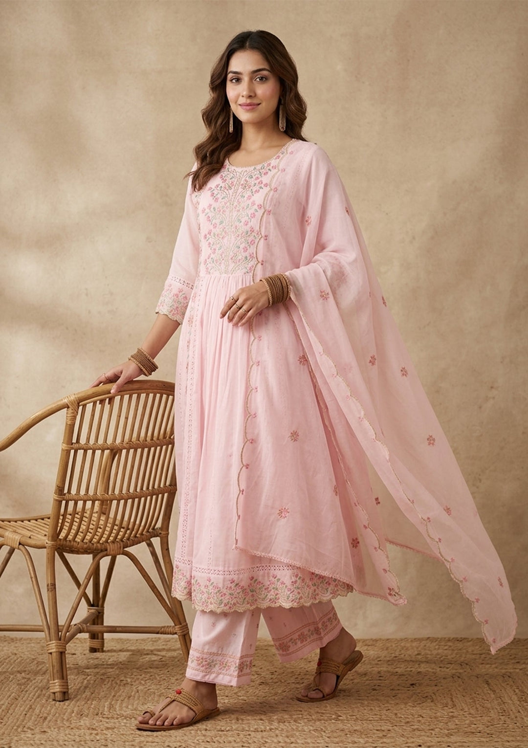 Baby Pink Threadwork Cotton Readymade Salwar Suit
