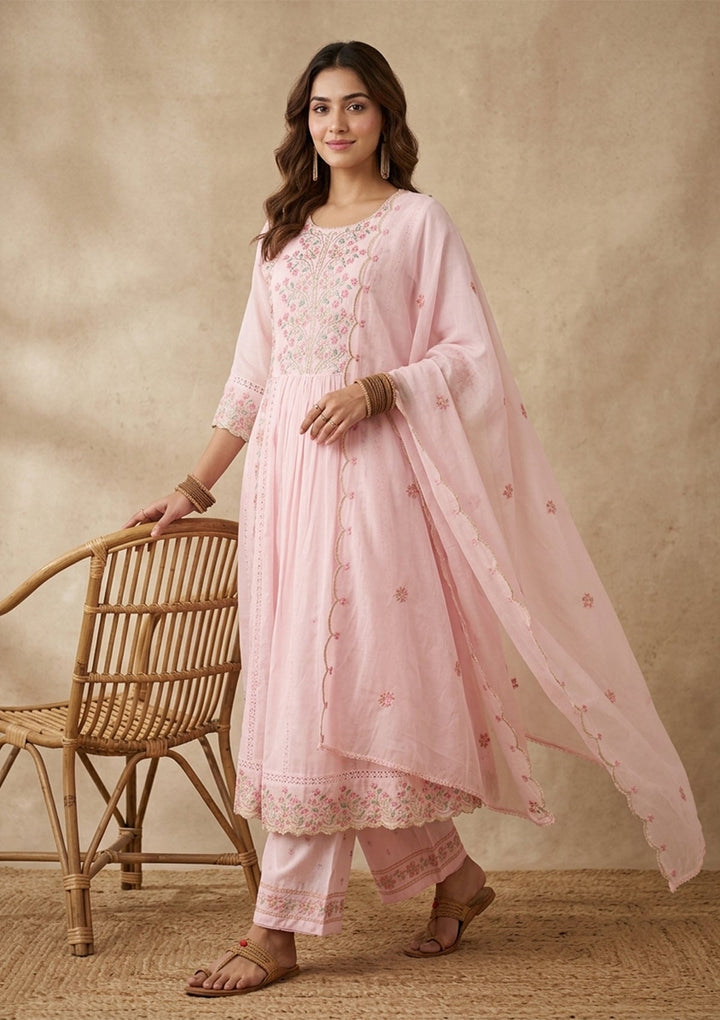 Baby Pink Threadwork Cotton Readymade Salwar Suit