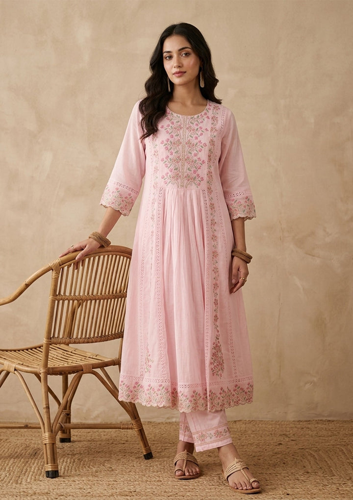 Baby Pink Threadwork Cotton Readymade Salwar Suit