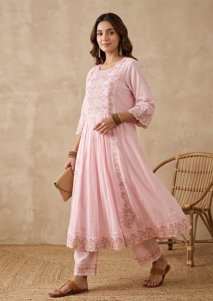 Baby Pink Threadwork Cotton Readymade Salwar Suit