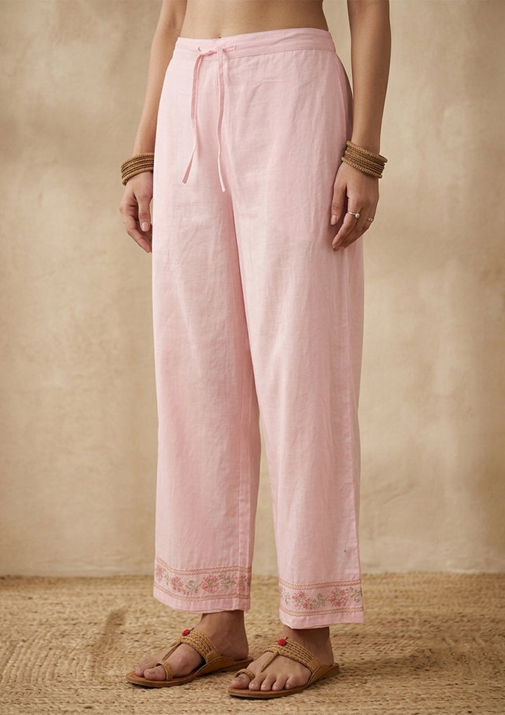 Baby Pink Threadwork Cotton Readymade Salwar Suit