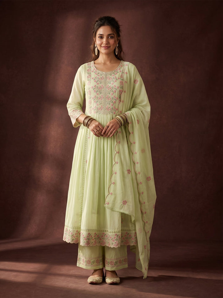 Pista Green Threadwork Cotton Readymade Salwar Suit