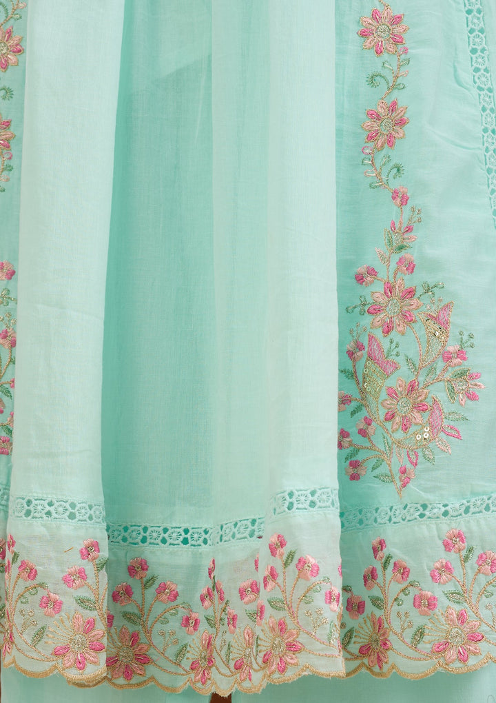 Sea Green Threadwork Cotton Readymade Salwar Suit