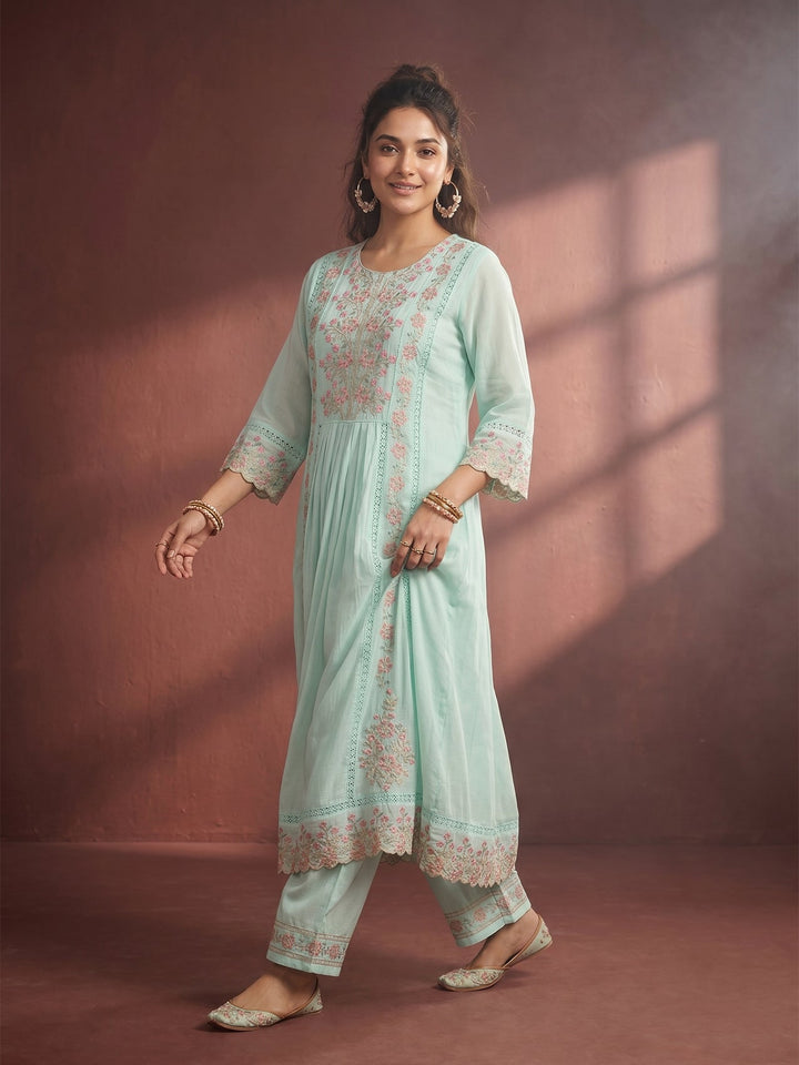 Sea Green Threadwork Cotton Readymade Salwar Suit