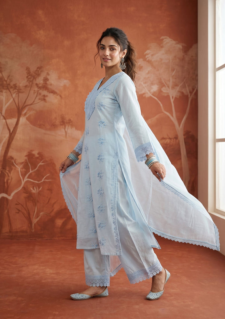 Sky Blue Applique Cotton Readymade Salwar Suit