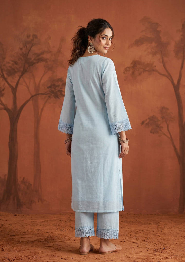 Sky Blue Applique Cotton Readymade Salwar Suit