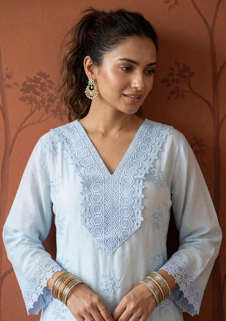 Sky Blue Applique Cotton Readymade Salwar Suit
