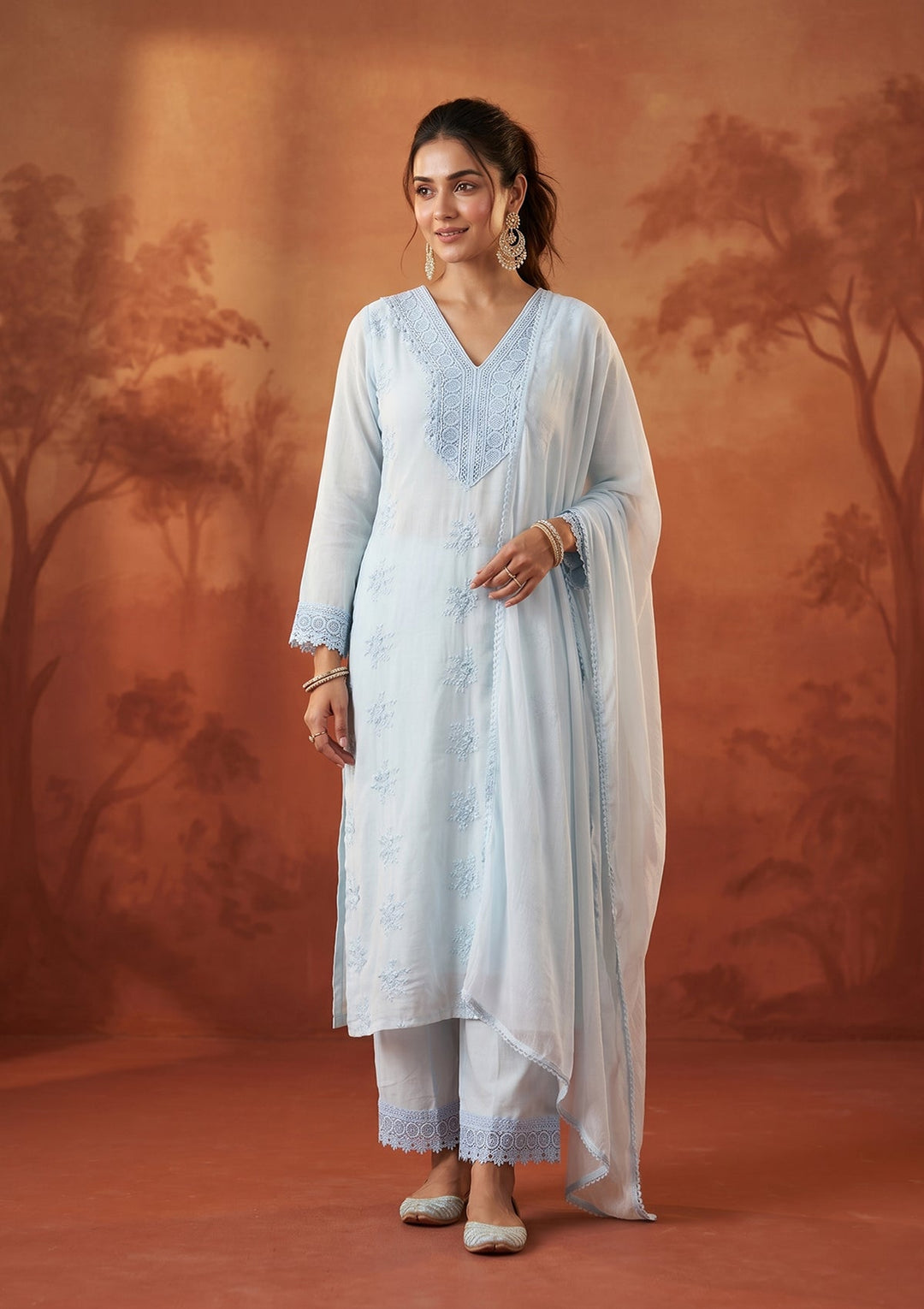 Sky Blue Applique Cotton Readymade Salwar Suit