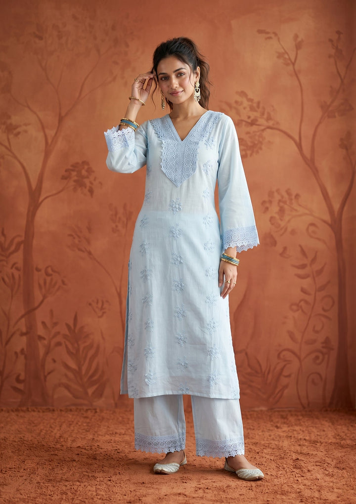 Sky Blue Applique Cotton Readymade Salwar Suit