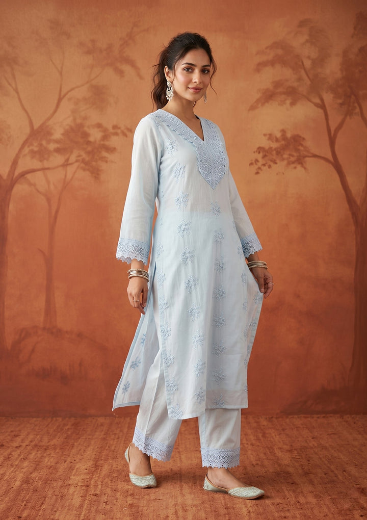 Sky Blue Applique Cotton Readymade Salwar Suit