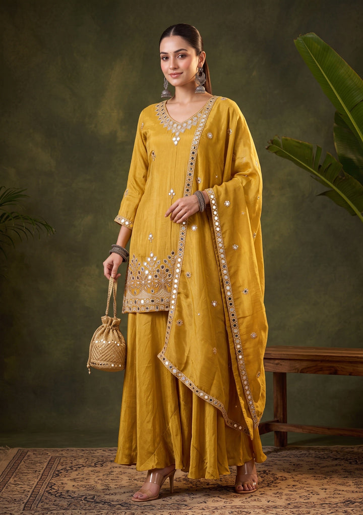 Mustard Yellow Mirrorwork Crepe Readymade Salwar Suit