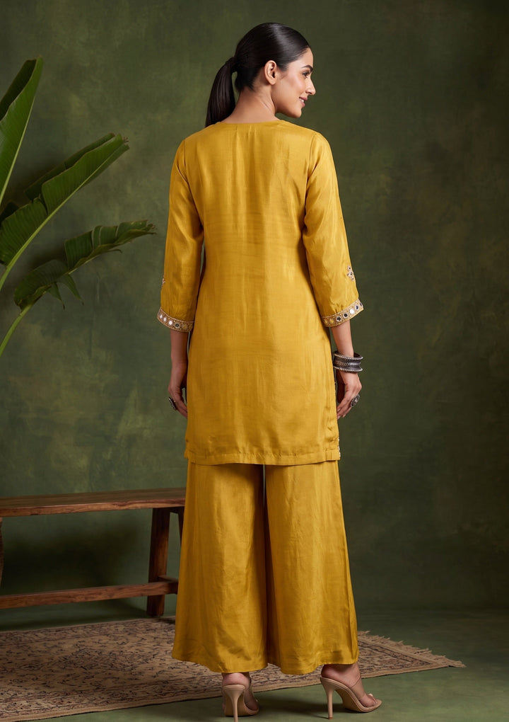 Mustard Yellow Mirrorwork Crepe Readymade Salwar Suit