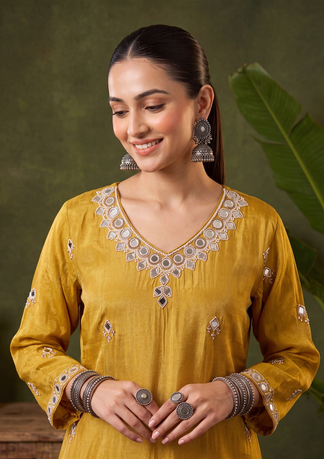 Mustard Yellow Mirrorwork Crepe Readymade Salwar Suit