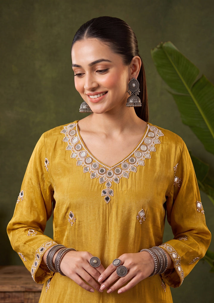 Mustard Yellow Mirrorwork Crepe Readymade Salwar Suit