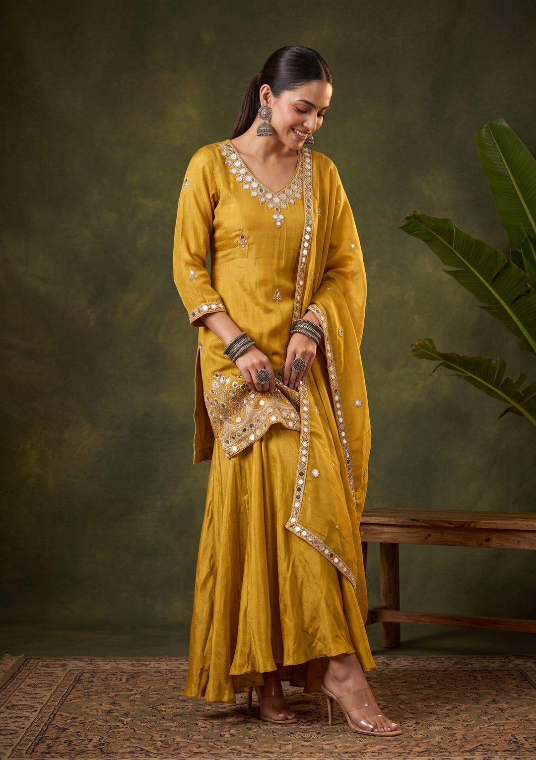 Mustard Yellow Mirrorwork Crepe Readymade Salwar Suit