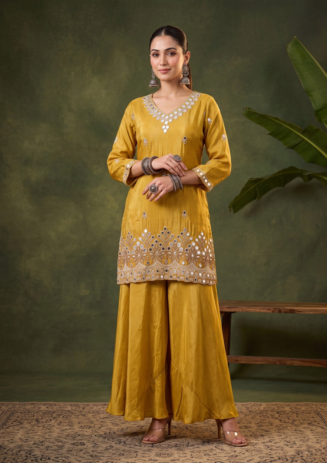 Mustard Yellow Mirrorwork Crepe Readymade Salwar Suit