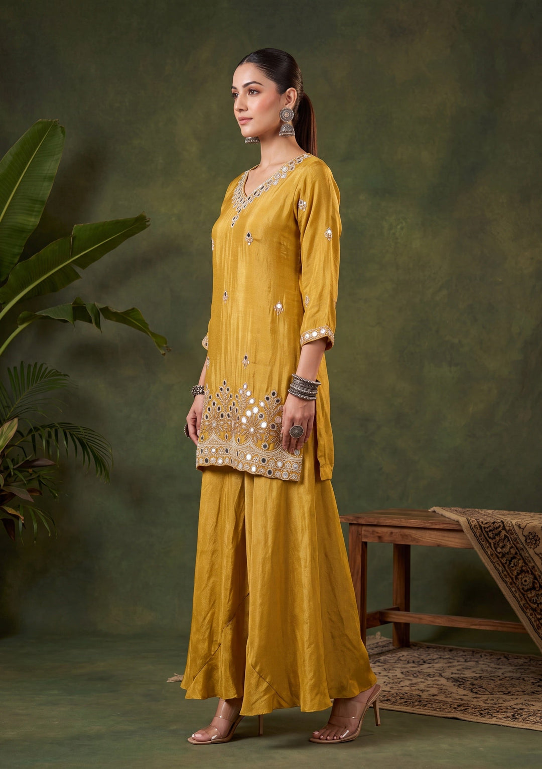 Mustard Yellow Mirrorwork Crepe Readymade Salwar Suit