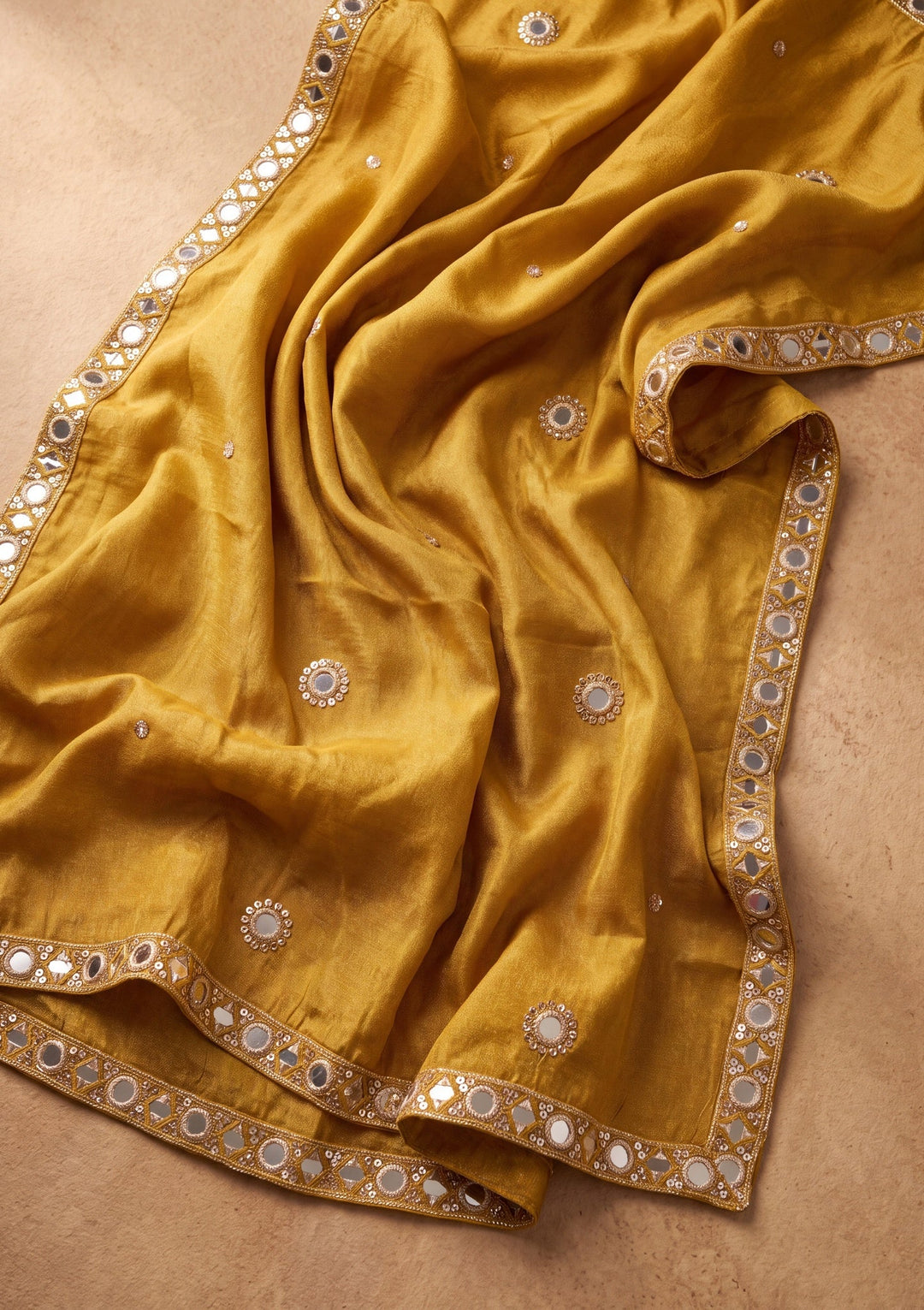Mustard Yellow Mirrorwork Crepe Readymade Salwar Suit