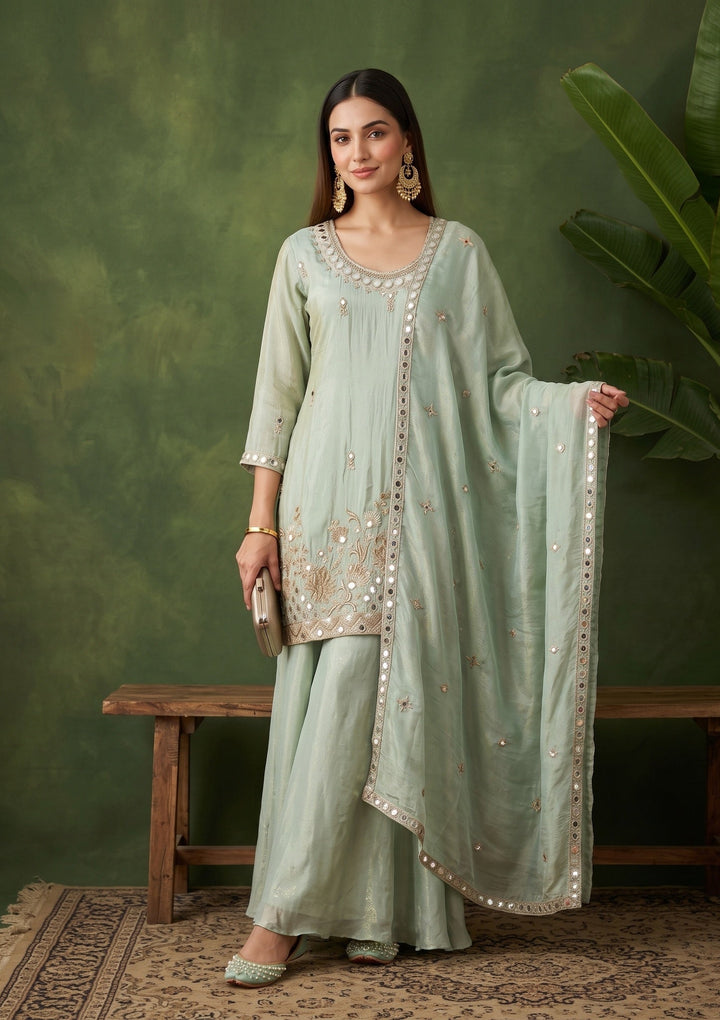 Pista Green Mirrorwork Crepe Readymade Salwar Suit