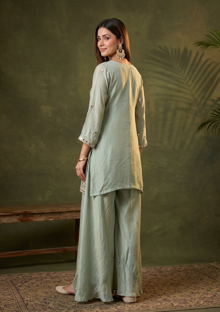 Pista Green Mirrorwork Crepe Readymade Salwar Suit