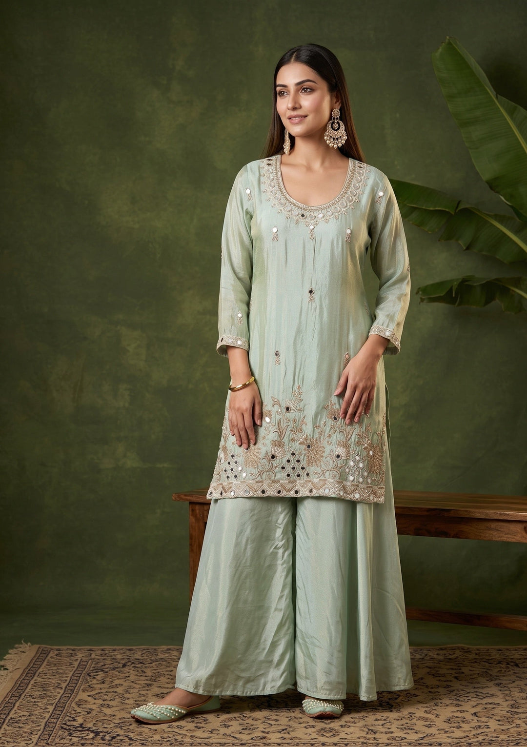 Pista Green Mirrorwork Crepe Readymade Salwar Suit