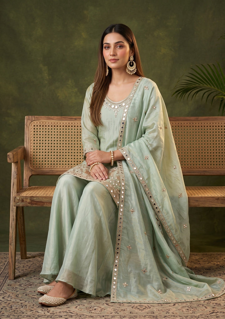 Pista Green Mirrorwork Crepe Readymade Salwar Suit