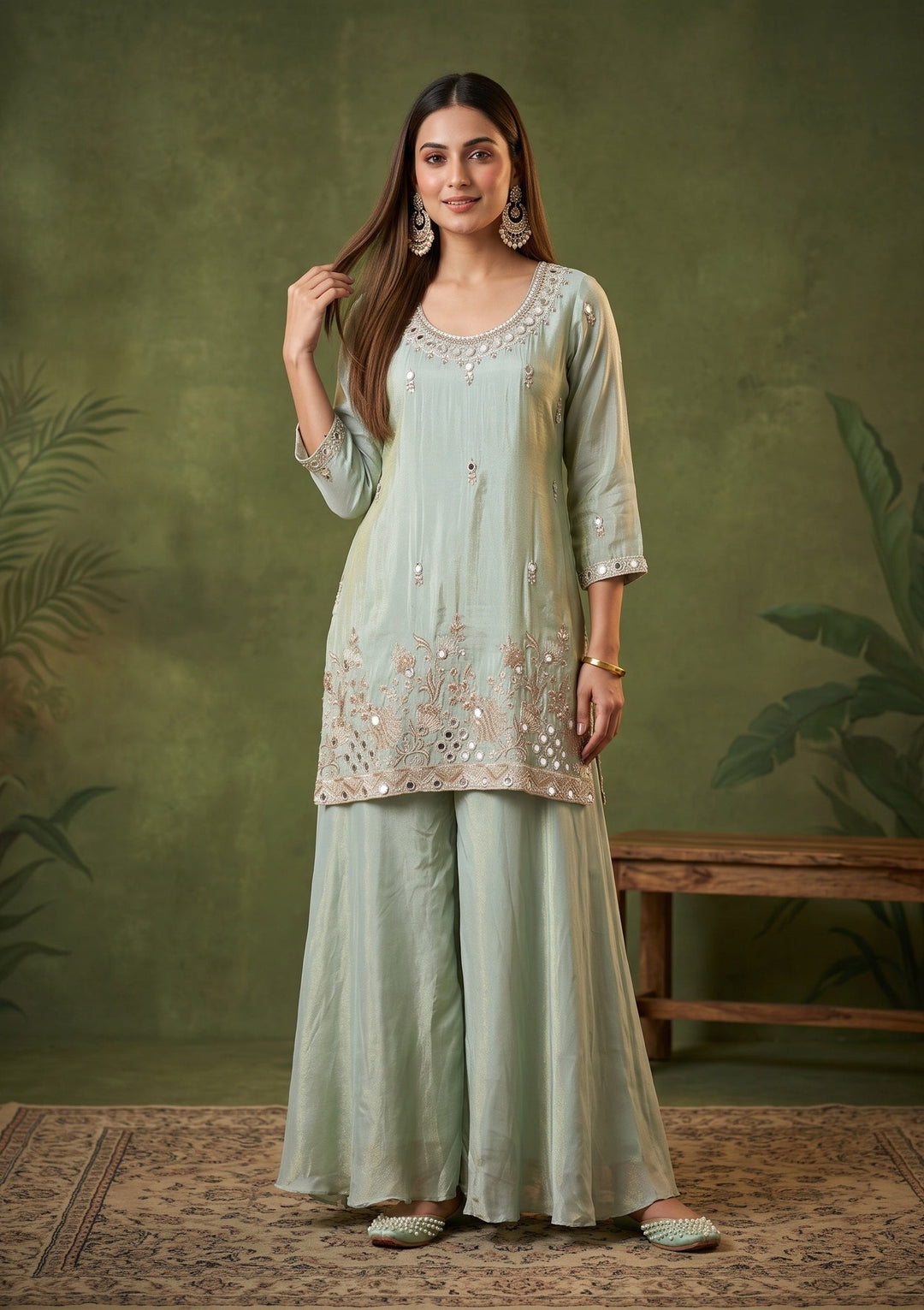 Pista Green Mirrorwork Crepe Readymade Salwar Suit