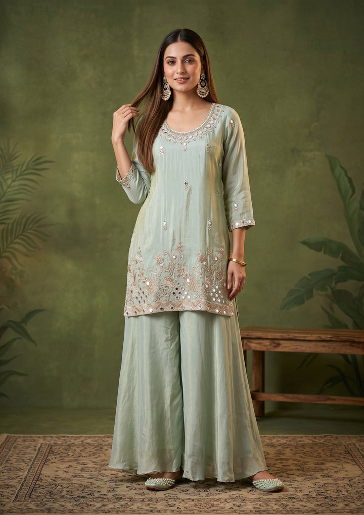 Pista Green Mirrorwork Crepe Readymade Salwar Suit