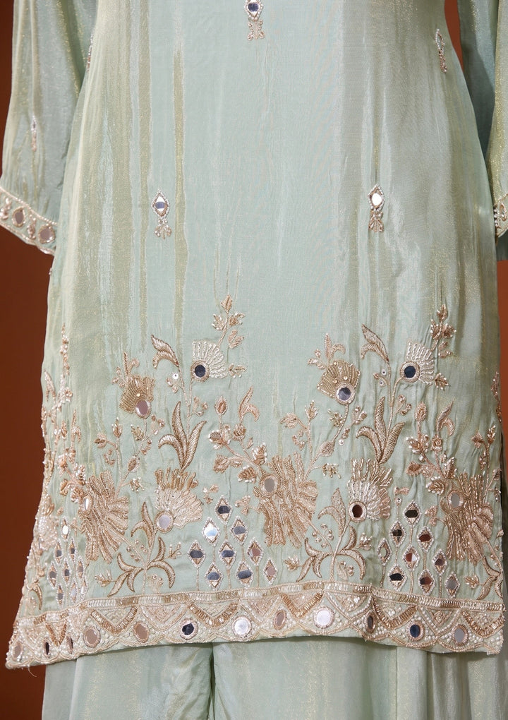 Pista Green Mirrorwork Crepe Readymade Salwar Suit