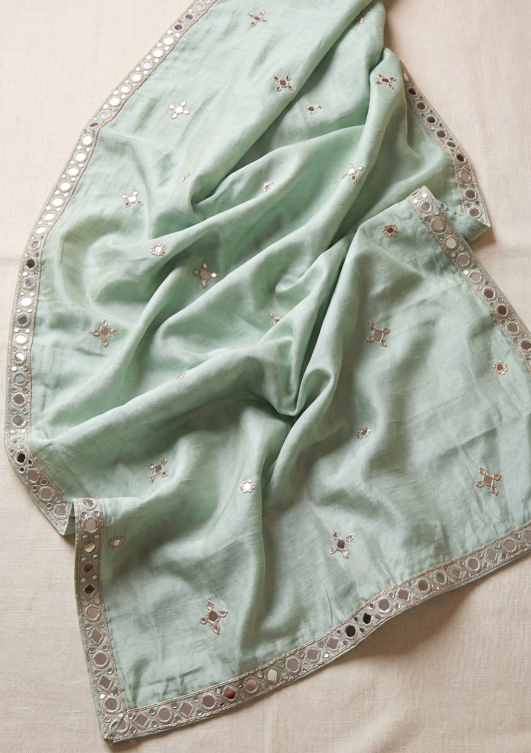 Pista Green Mirrorwork Crepe Readymade Salwar Suit