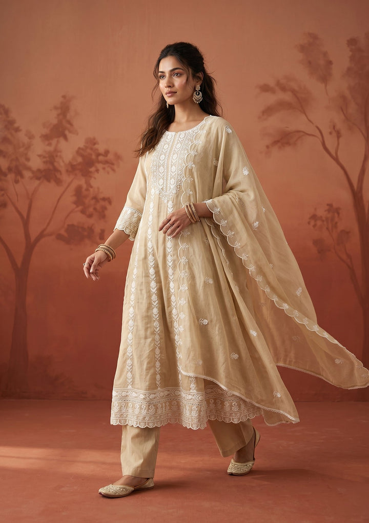Beige Threadwork Cotton Readymade Salwar Suit