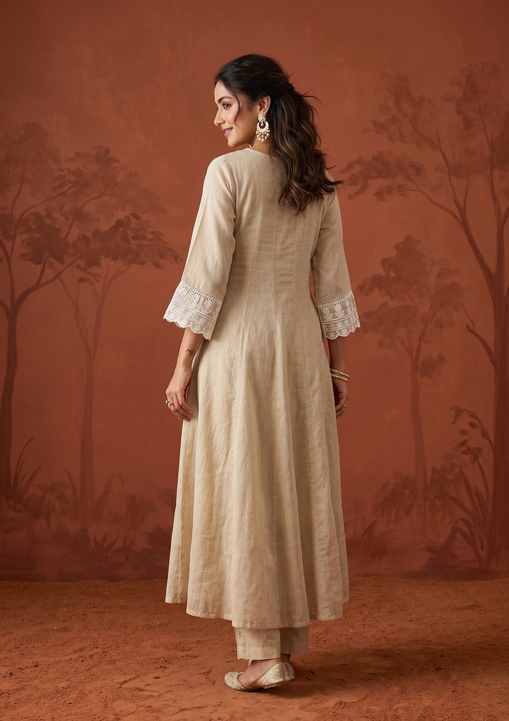 Beige Threadwork Cotton Readymade Salwar Suit